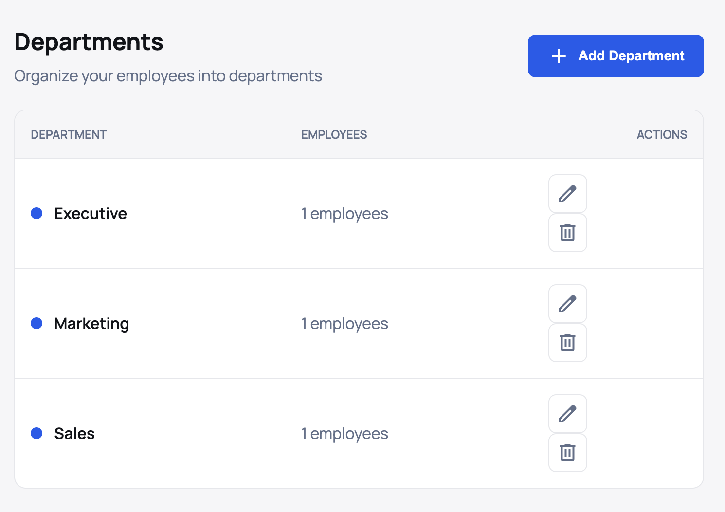 Departments Settings